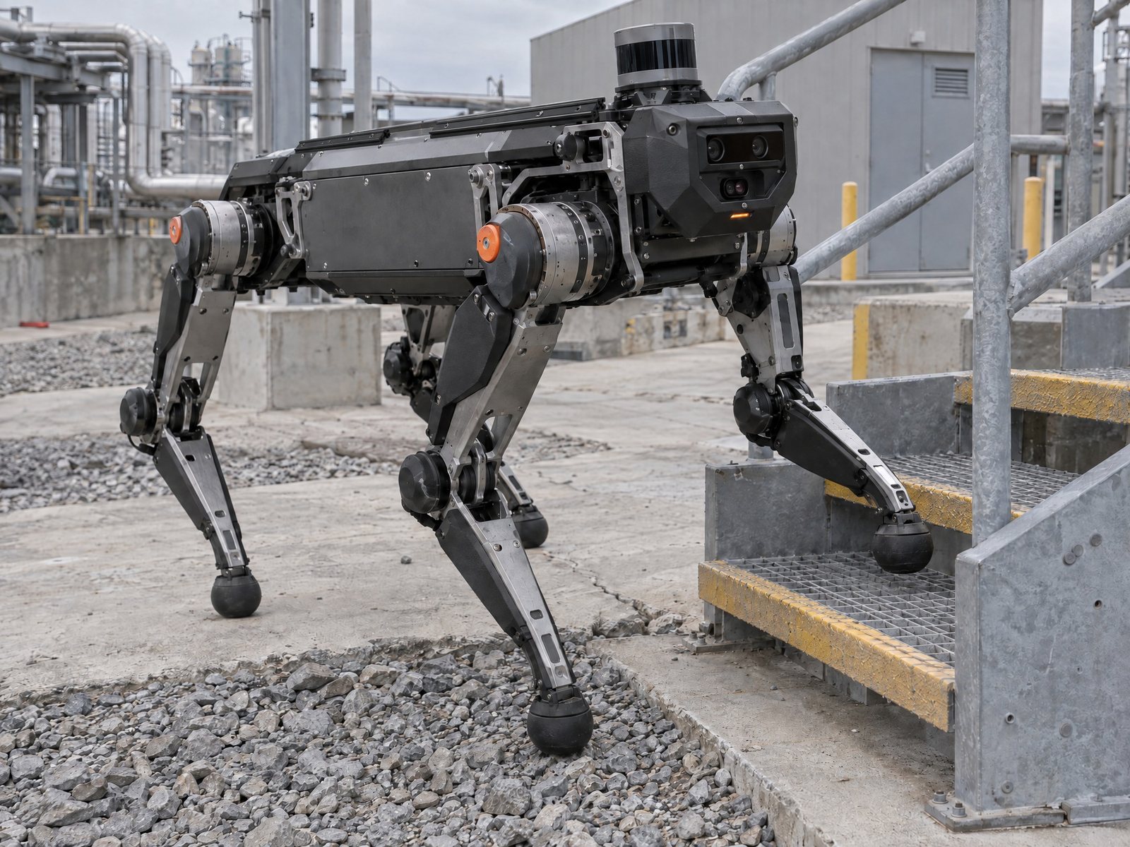 Concept visualization of a legged autonomous inspection robot in an industrial environment